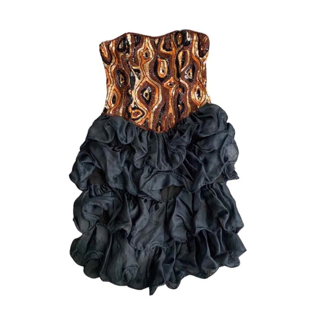 Vintage Strapless Silk Sequin Tiered Party Prom Dress by Scarlet Rage / Medium -